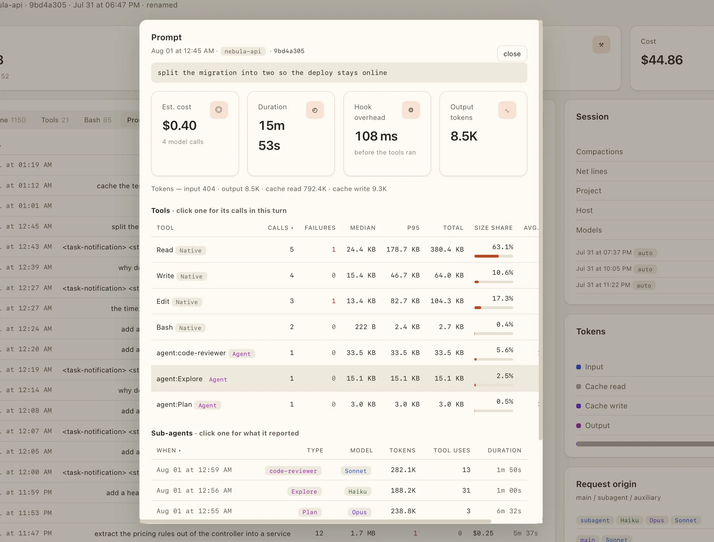 A prompt opened in the inspector: its estimated cost, duration, hook overhead and output tokens, the tools that turn used and the sub-agents it spawned