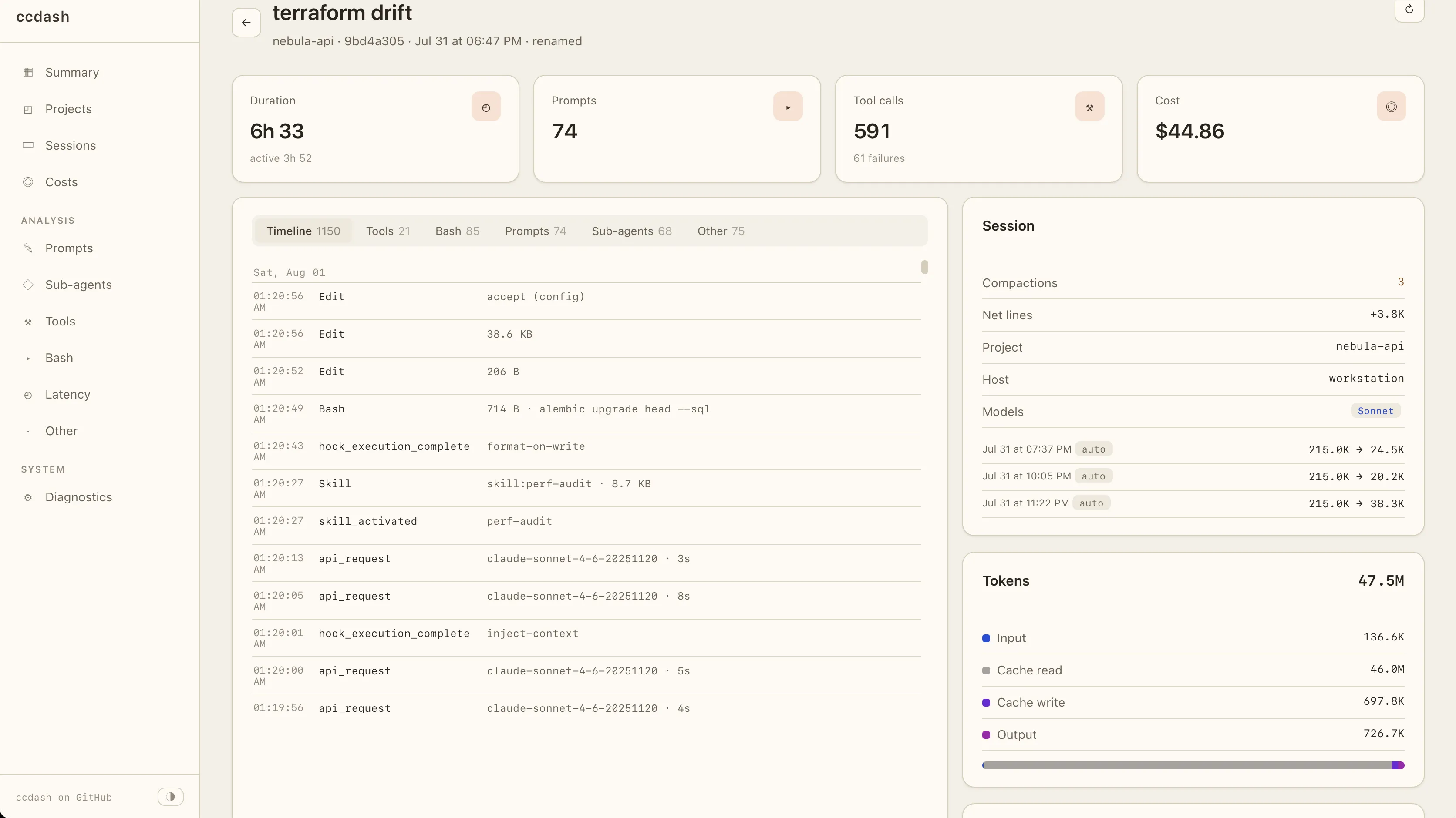Session detail: duration, prompts, tool calls, tool results, tokens and cost, with the full timeline, the files it changed and the token split