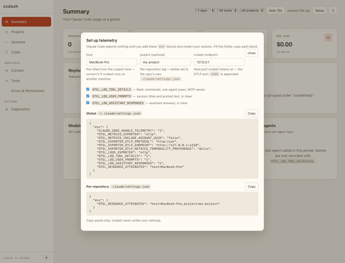 The ccdash setup modal, opened on first connection: host, project and endpoint fields, the OTEL logging toggles, and the ready-to-copy global and per-repository env blocks